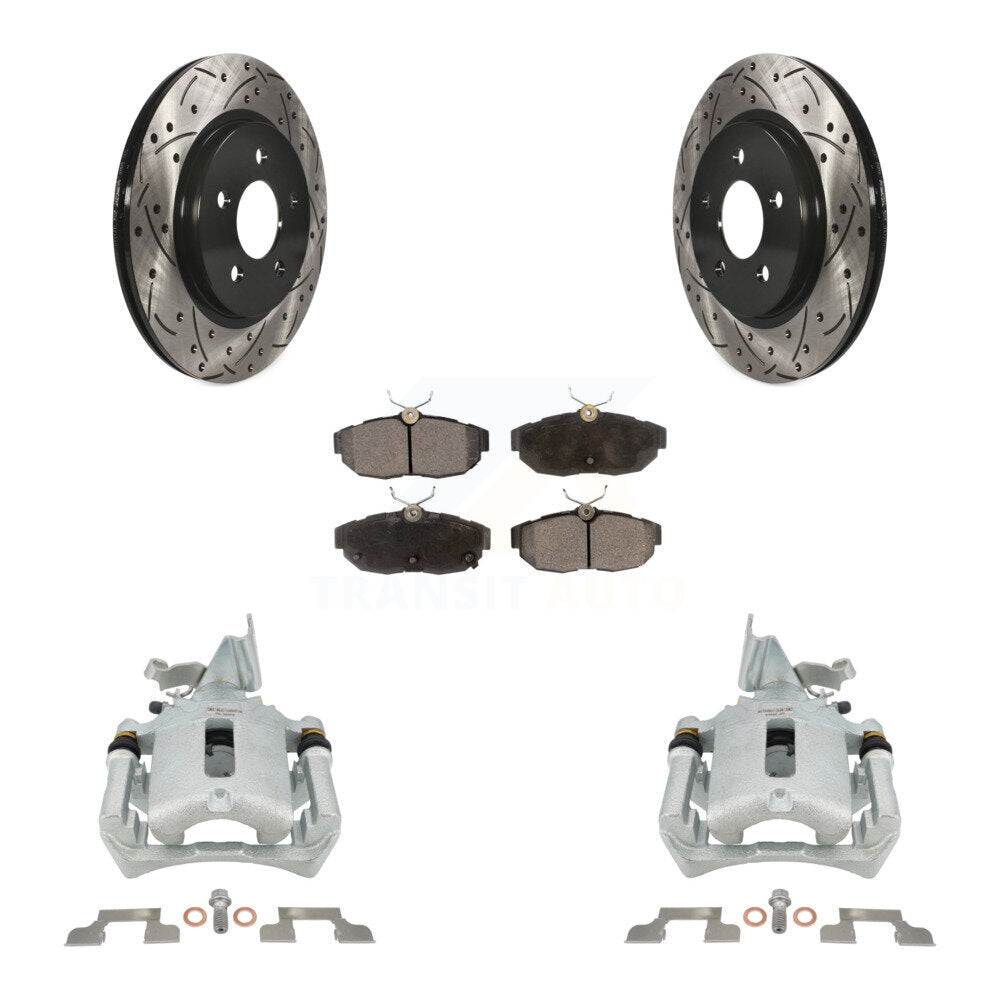 Rear Disc Brake Coated Caliper Drilled Slot Rotor Semi-Metallic Pad Kit For Ford Mustang KCD-100648P