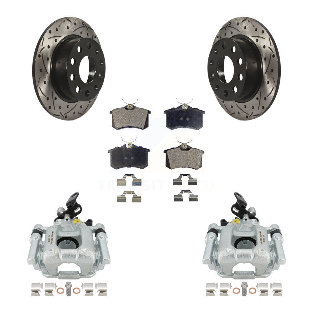 Rear Disc Brake Coated Caliper Drilled Slotted Rotors And Semi-Metallic Pads Kit For 2011 Volkswagen Jetta With 253mm Diameter Rotor KCD-100656P by Transit Auto