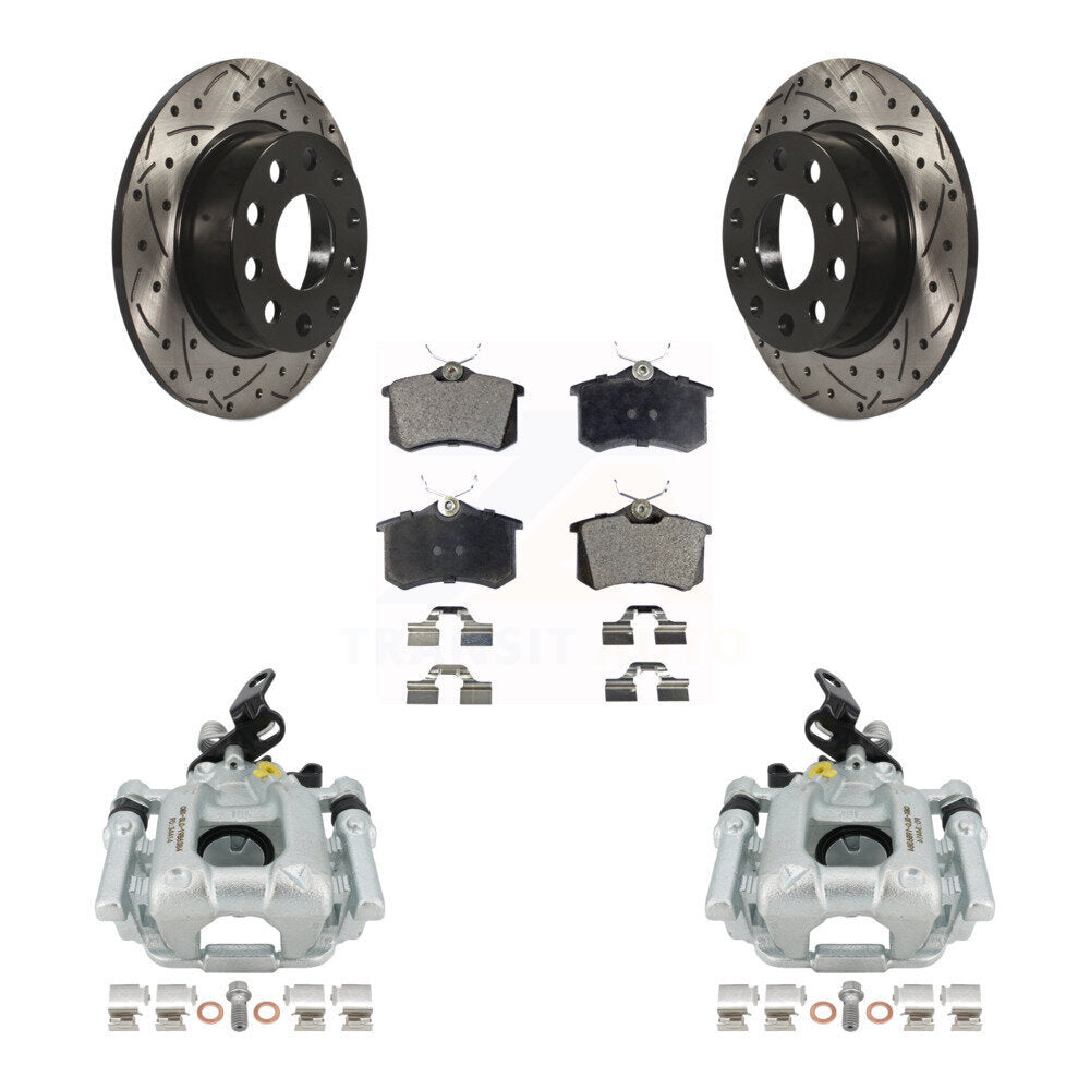 Rear Disc Brake Coated Caliper Drilled Slotted Rotors And Ceramic Pads Kit For 2011 Volkswagen Jetta With 253mm Diameter Rotor KCD-100661T by Transit Auto