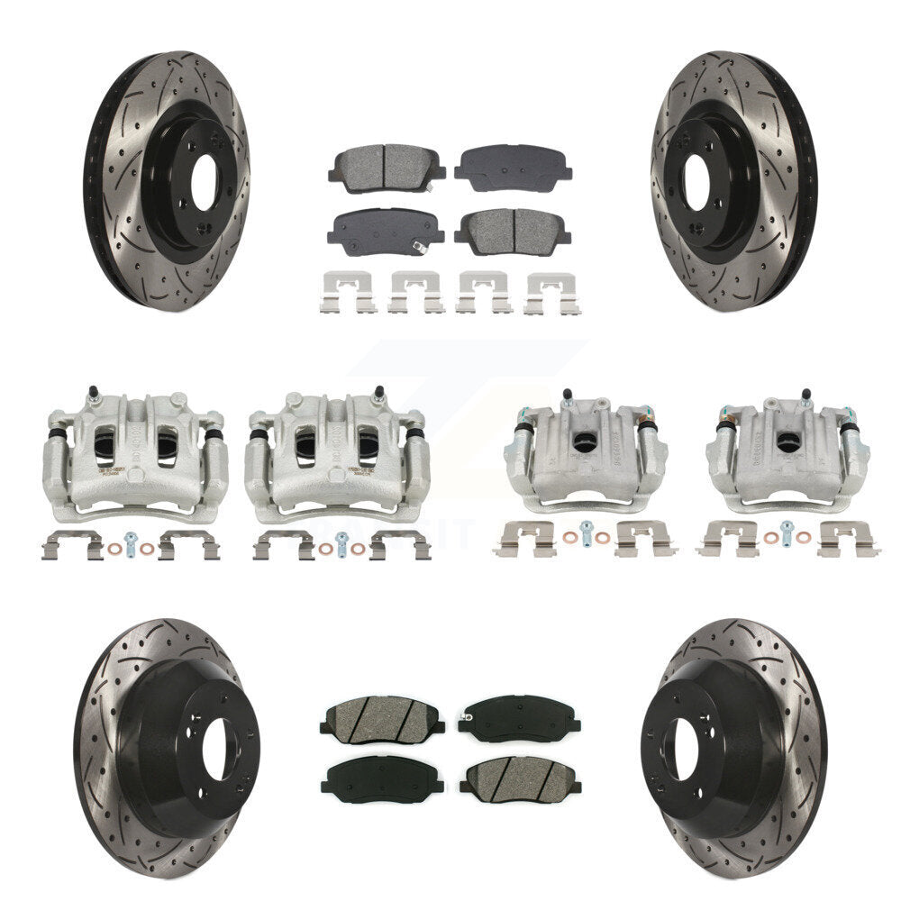 Front Rear Brake Caliper Drill Slot Rotor Semi-Metallic Pad Kit (10Pc) For Hyundai Santa KCD-100663S