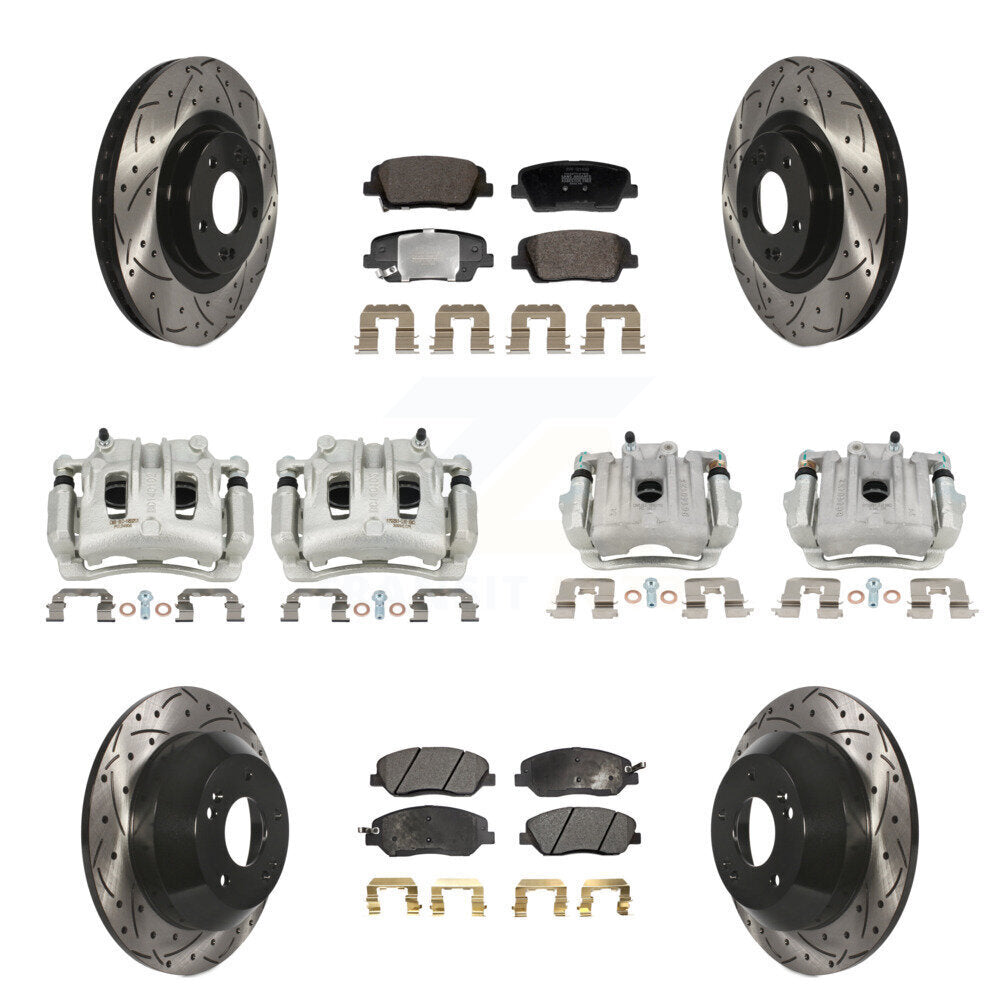 Front Rear Brake Caliper Drill Slot Rotor Semi-Metallic Pad Kit (10Pc) For Hyundai Santa KCD-100674P