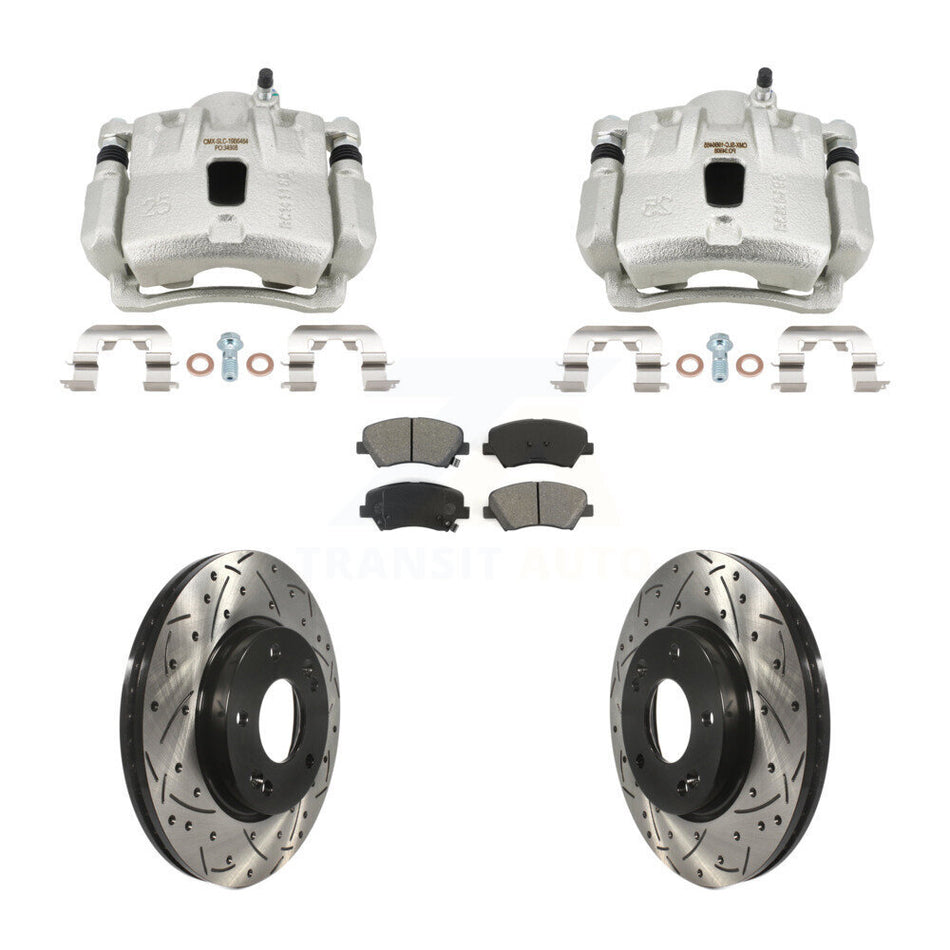 Front Brake Caliper Drill Slotted Rotors Semi-Metallic Pad Kit For Hyundai Elantra Coupe KCD-100680S