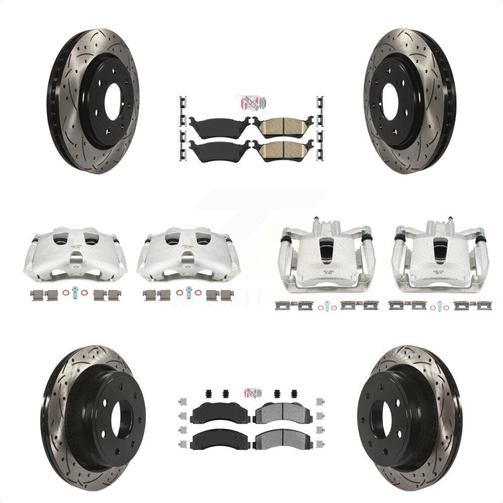 Front Rear Disc Brake Coated Caliper Drilled Slotted Rotors And PADSMATERIAL Pads Kit (10Pc) For 2012-2014 Ford F-150 With 7 Lug Wheels KCD-100683N by Transit Auto