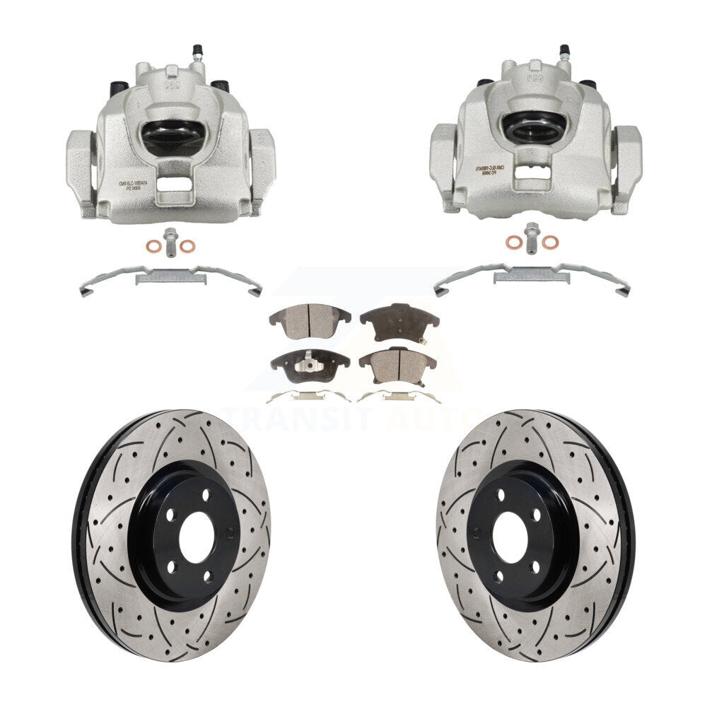 Front Disc Brake Coated Caliper Drilled Slot Rotor Semi-Metallic Pad Kit For Lincoln MKZ KCD-100683P