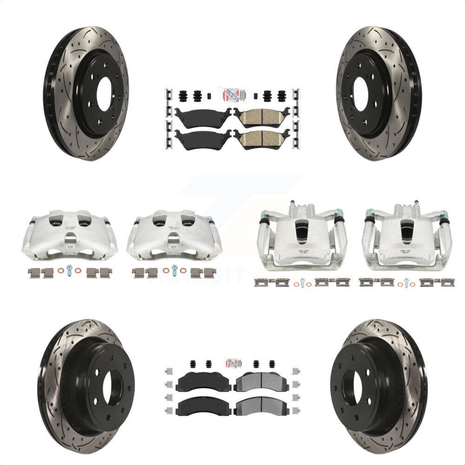 Front Rear Disc Brake Coated Caliper Drilled Slotted Rotors And PADSMATERIAL Pads Kit (10Pc) For 2012-2014 Ford F-150 With 7 Lug Wheels KCD-100684N by Transit Auto