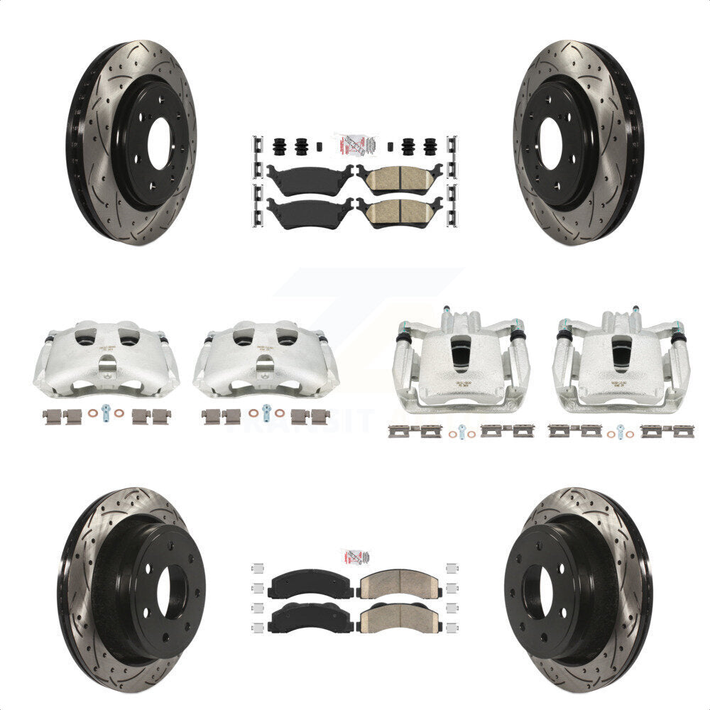 Front Rear Disc Brake Coated Caliper Drilled Slotted Rotors And Ceramic Pads Kit (10Pc) For 2012-2014 Ford F-150 With 7 Lug Wheels KCD-100687N by Transit Auto