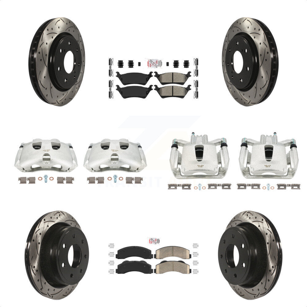 Front Rear Disc Brake Coated Caliper Drilled Slotted Rotors And PADSMATERIAL Pads Kit (10Pc) For 2012-2014 Ford F-150 With 7 Lug Wheels KCD-100688N by Transit Auto