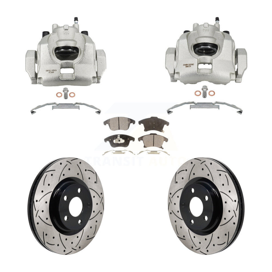 Front Disc Brake Coated Caliper Drilled Slotted Rotors & Ceramic Pad Kit For Lincoln MKZ KCD-100688T