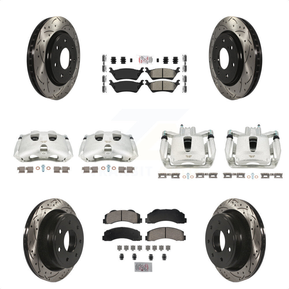 Front Rear Disc Brake Coated Caliper Drilled Slotted Rotors And Semi-Metallic Pads Kit (10Pc) For 2012-2014 Ford F-150 With 7 Lug Wheels KCD-100691N by Transit Auto