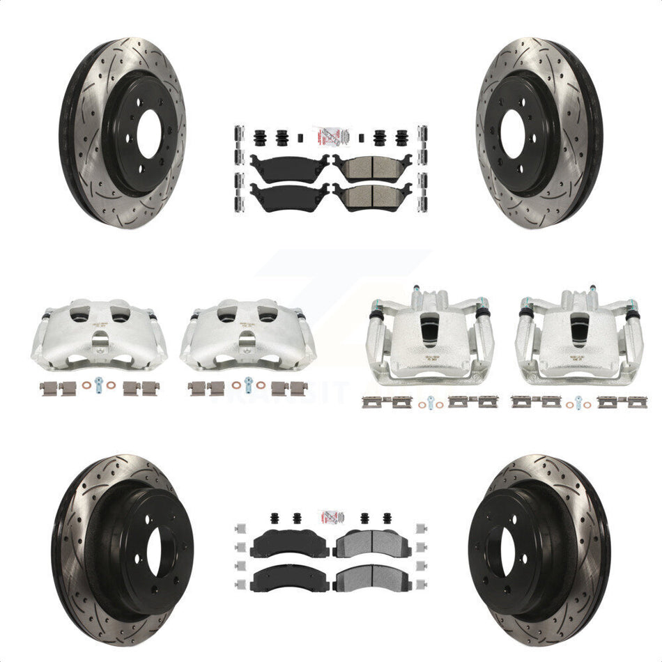 Front Rear Disc Brake Coated Caliper Drilled Slotted Rotors And Semi-Metallic Pads Kit (10Pc) For Ford F-150 KCD-100694N by Transit Auto