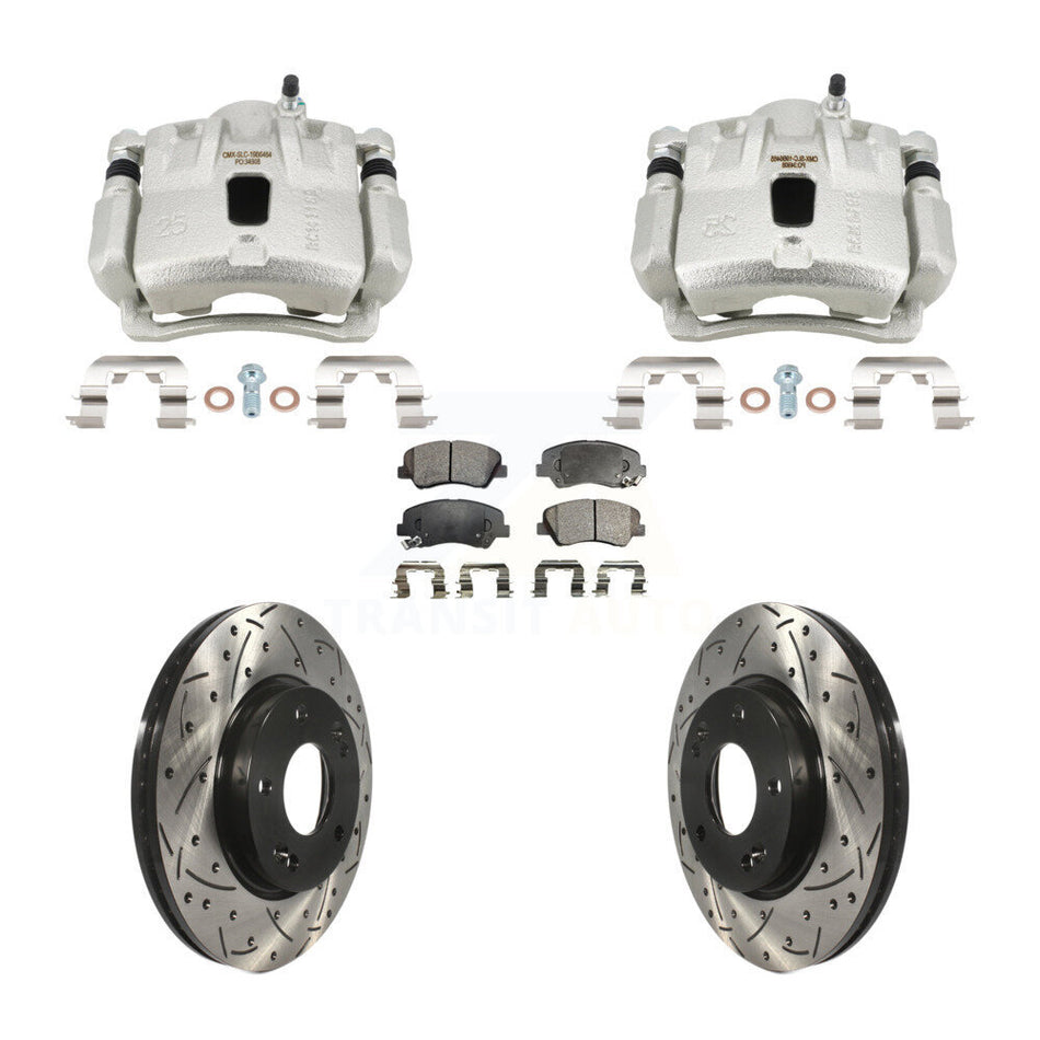 Front Brake Caliper Drill Slotted Rotors Semi-Metallic Pad Kit For Hyundai Elantra Coupe KCD-100697P