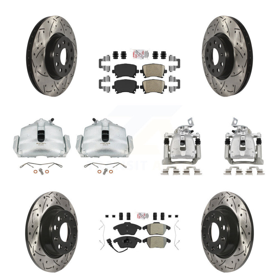 Front Rear Brake Caliper Drilled Slot Rotor Ameribrakes Pad Kit (10Pc) For Volkswagen CC KCD-100714N