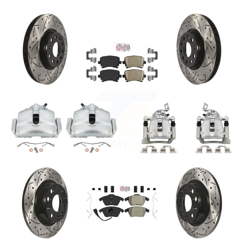 Front Rear Brake Caliper Drilled Slot Rotor Ameribrakes Pad Kit (10Pc) For Volkswagen CC KCD-100715N