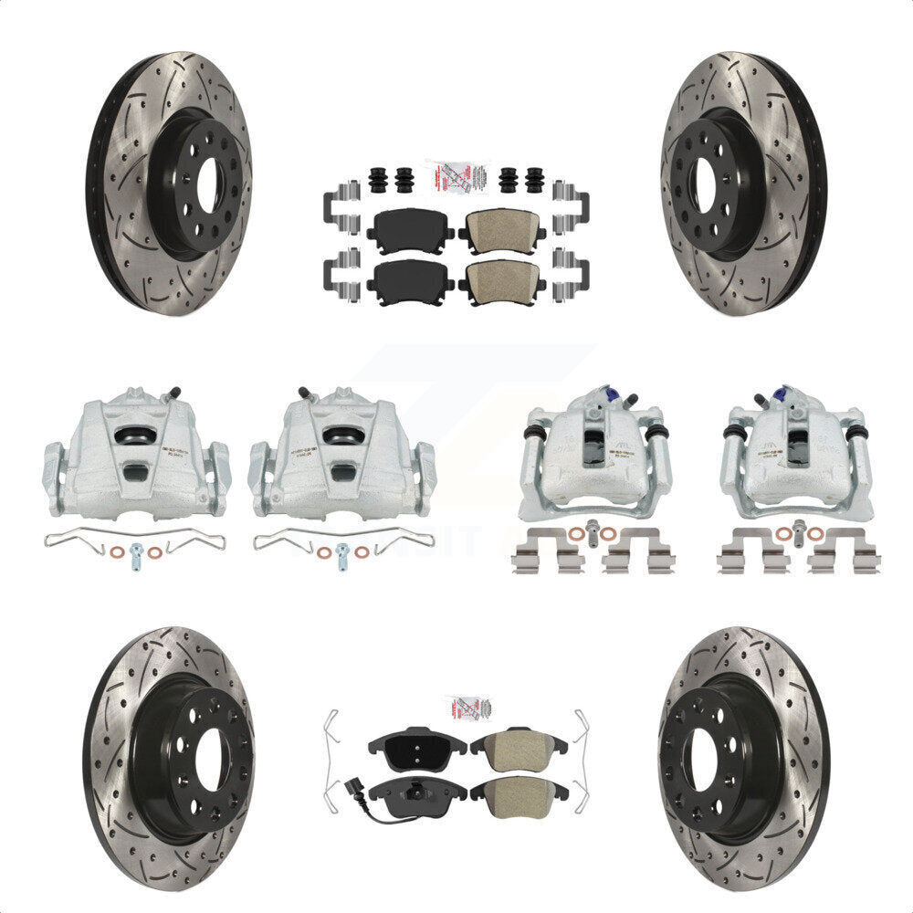 Front Rear Disc Brake Coated Caliper Drilled Slotted Rotors And PADSMATERIAL Pads Kit (10Pc) For 2009-2011 Volkswagen Tiguan KCD-100751N by Transit Auto