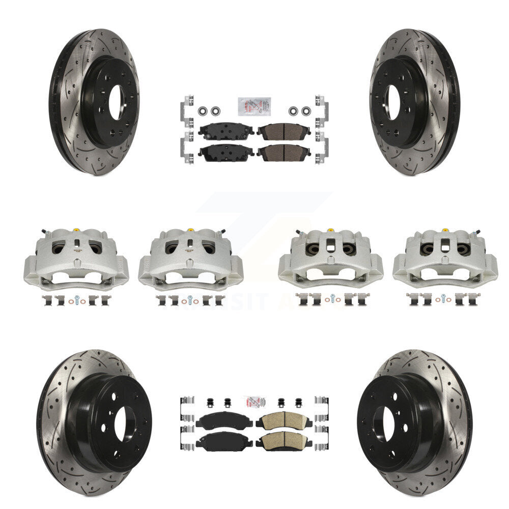 Front Rear Disc Brake Coated Caliper Drill Slotted Rotors Ameribrakes Pad Kit (10Pc) For KCD-100829N