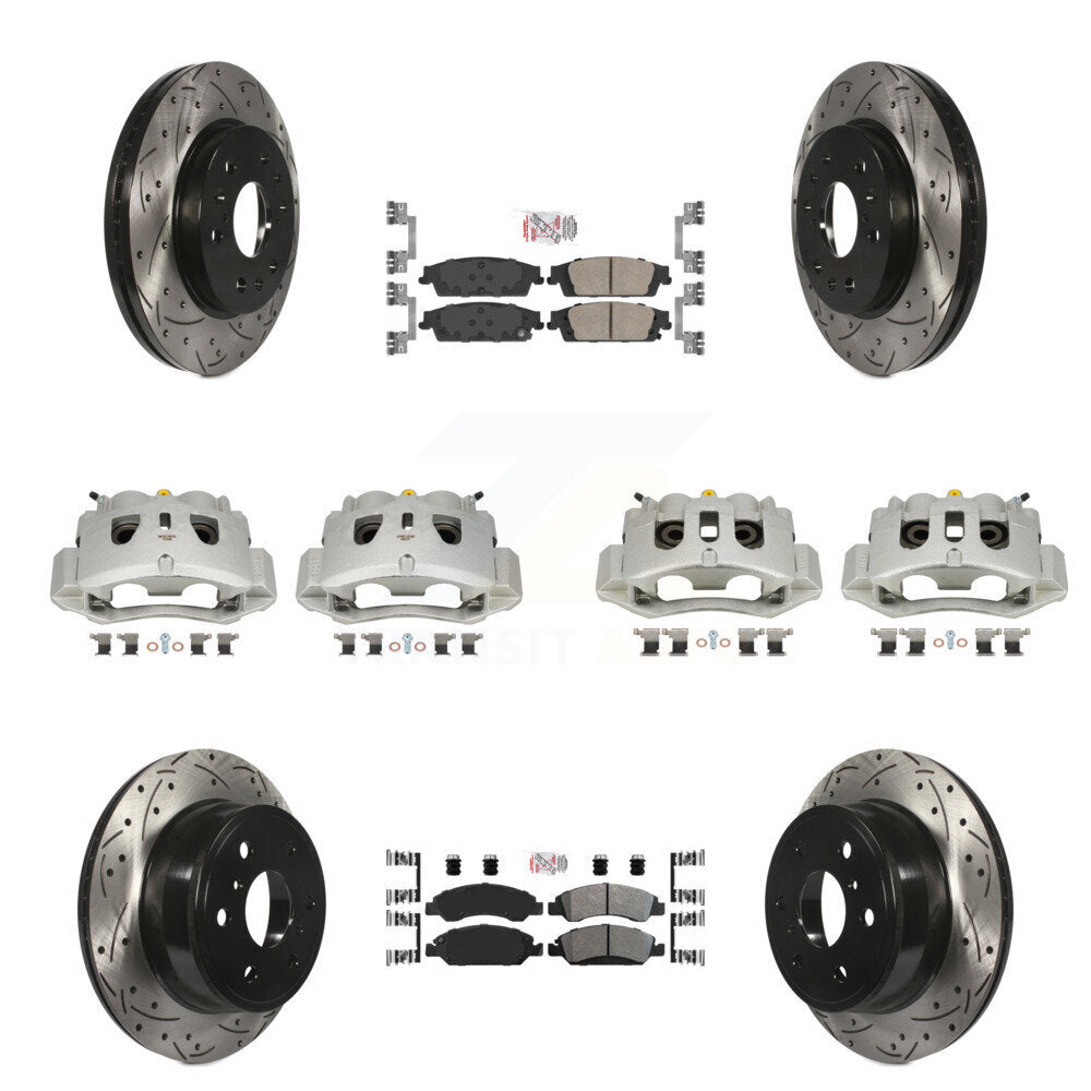 Front Rear Disc Brake Coated Caliper Drill Slotted Rotors Ameribrakes Pad Kit (10Pc) For KCD-100836N