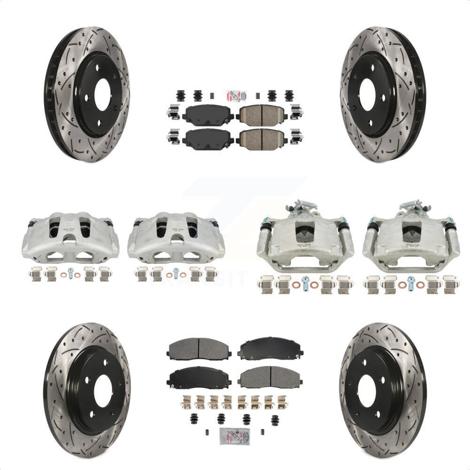 Front Rear Disc Brake Coated Caliper Drilled Slotted Rotors And Ceramic Pads Kit (10Pc) For 2017-2018 Dodge Grand Caravan With Single Piston KCD-101051N by Transit Auto