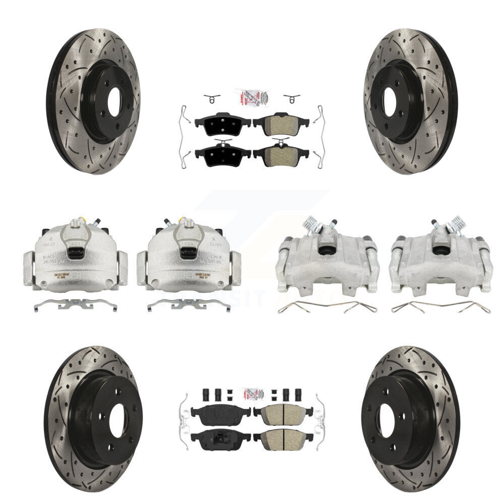 Front Rear Brake Caliper Drill Slotted Rotors Ameribrakes Pad Kit (10Pc) For Ford Escape KCD-101079N