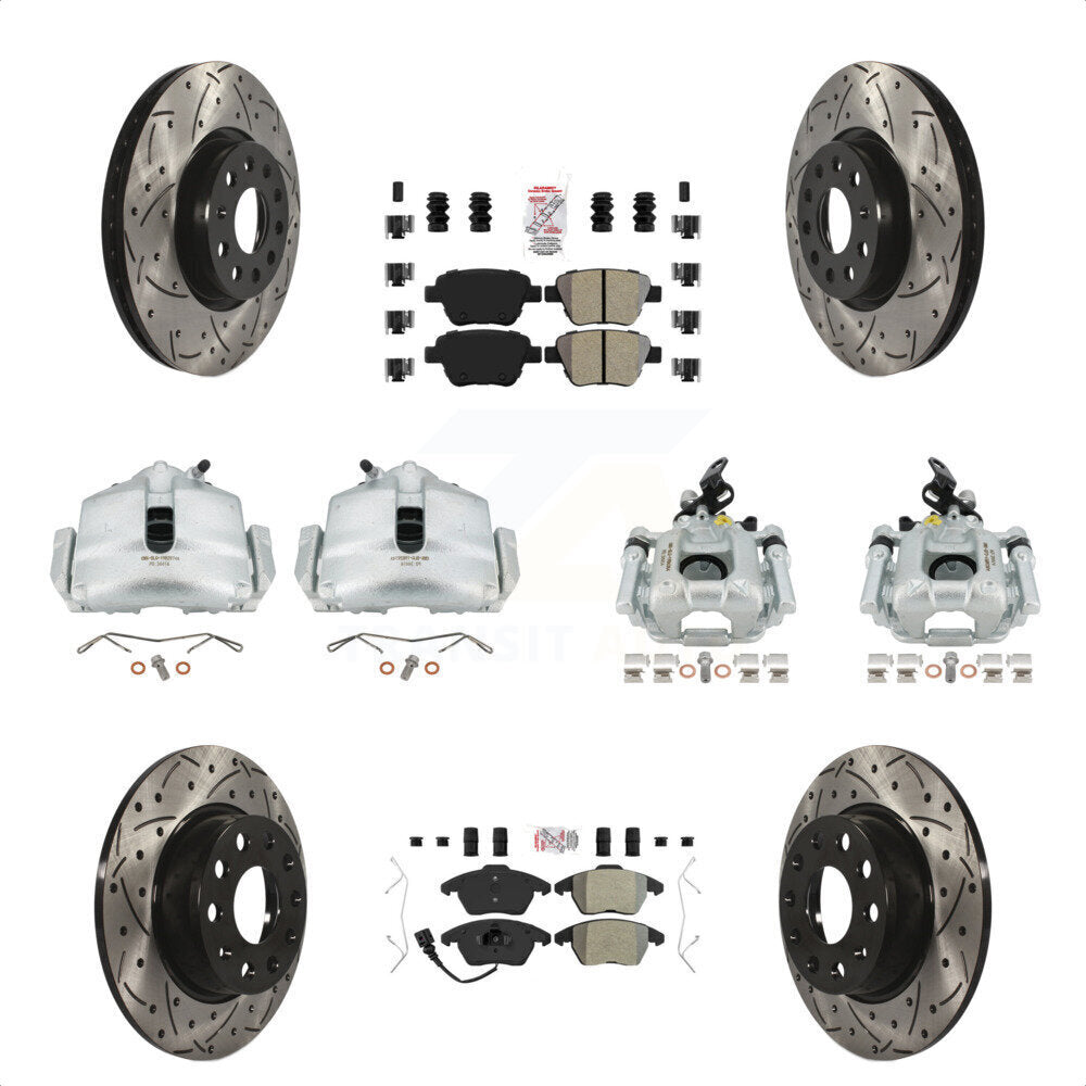 Front Rear Disc Brake Coated Caliper Drilled Slotted Rotors And Semi-Metallic Pads Kit (10Pc) For Volkswagen Beetle GTI KCD-101164N by Transit Auto