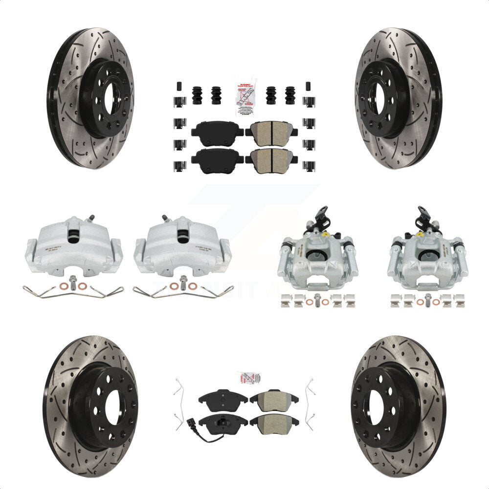 Front Rear Disc Brake Coated Caliper Drill Slotted Rotors Semi-Metallic Pad Kit (10Pc) For 2012 Volkswagen Beetle 2.5L with Naturally Aspirated With 288mm Diameter Rotor KCD-101166N by Transit Auto