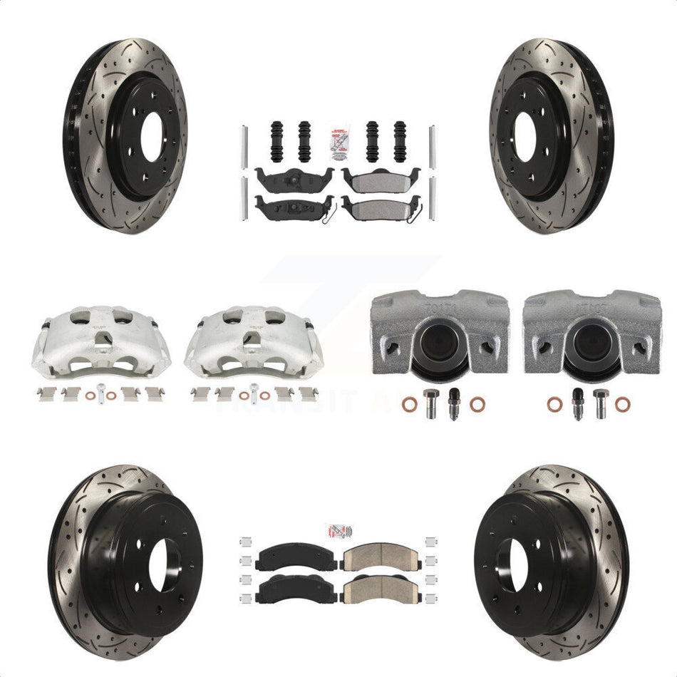 Front Rear Disc Brake Coated Caliper Drilled Slotted Rotors And PADSMATERIAL Pads Kit (10Pc) For 2010-2011 Ford F-150 With 7 Lug Wheels KCD-101175N by Transit Auto