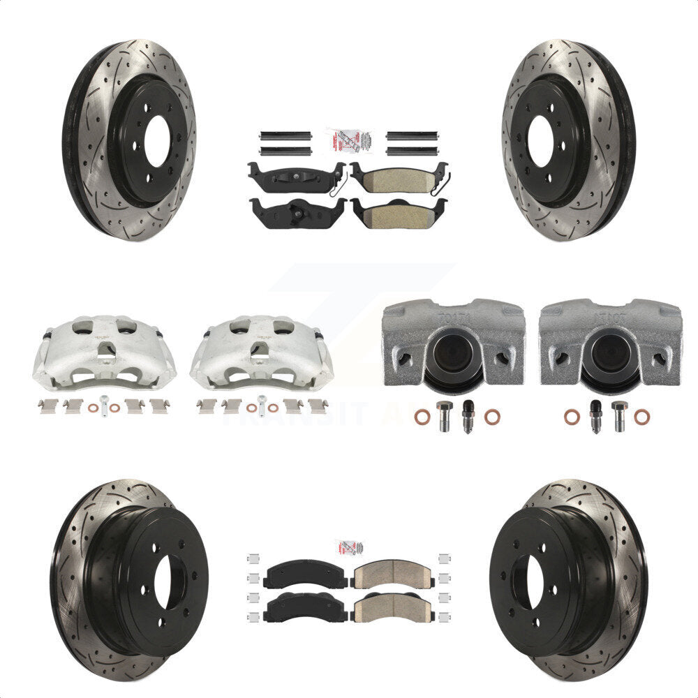 Front Rear Disc Brake Coated Caliper Drilled Slotted Rotors And PADSMATERIAL Pads Kit (10Pc) For 2010-2011 Ford F-150 With 6 Lug Wheels KCD-101180N by Transit Auto