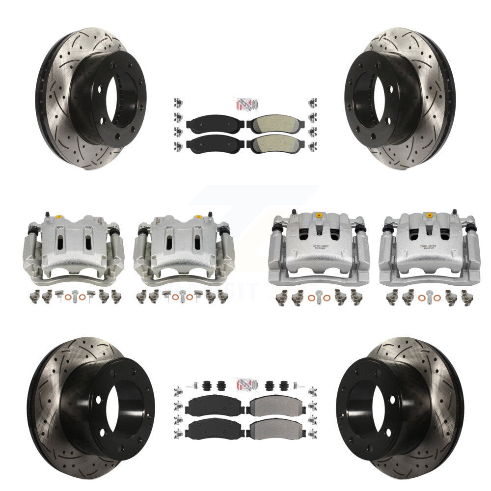 Front Rear Brake Caliper Drill Slotted Rotor Semi-Metallic Pad Kit (10Pc) For Ford F-250 KCD-101245N