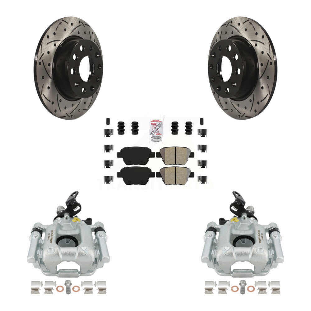 Rear Disc Brake Coated Caliper Drilled Slotted Rotors And Semi-Metallic Pads Kit For Volkswagen Jetta Passat Golf GTI Beetle Eos Audi A3 Quattro KCD-101263N by Transit Auto