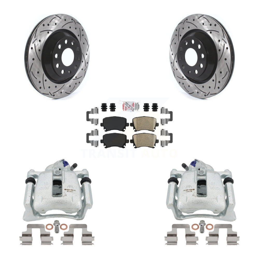 Rear Disc Brake Coated Caliper Drilled Slotted Rotors And Ceramic Pads Kit For 2010 Volkswagen CC FWD with 3.6L Without Parking Motor KCD-101273N by Transit Auto