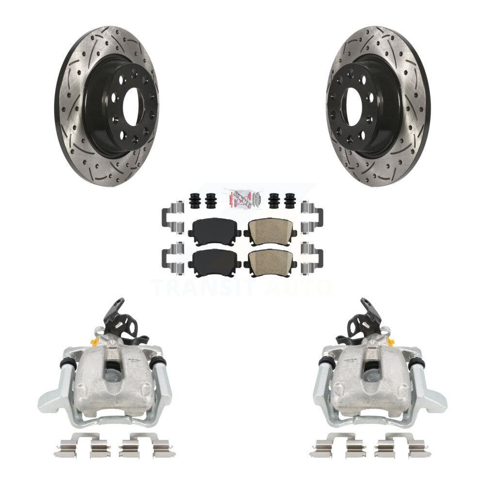 Rear Disc Brake Coated Caliper Drilled Slotted Rotors And Ceramic Pads Kit For 2010 Volkswagen Jetta TDI Cup Edition with 2.0L DIESEL engine With 282mm Diameter Rotor KCD-101275N by Transit Auto