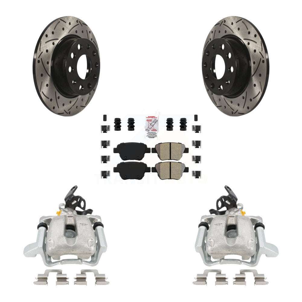 Rear Disc Brake Coated Caliper Drilled Slotted Rotor And Semi-Metallic Pad Kit For 2010 Volkswagen Jetta TDI Cup Edition with 2.0L DIESEL engine With 272mm Diameter KCD-101279N by Transit Auto