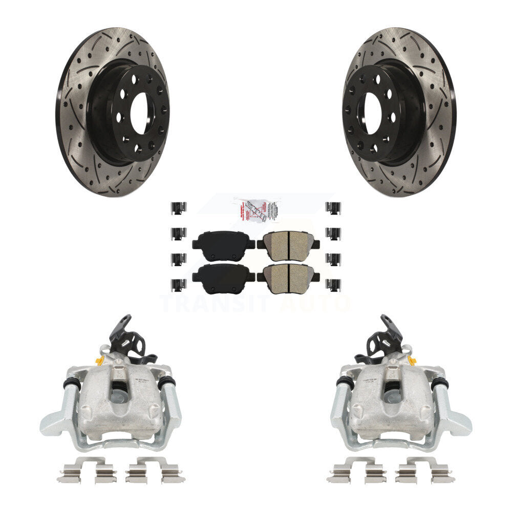 Rear Disc Brake Coated Caliper Drilled Slotted Rotor And Semi-Metallic Pad Kit For 2010 Volkswagen Jetta TDI Cup Edition with 2.0L DIESEL engine With 272mm Diameter KCD-101280N by Transit Auto