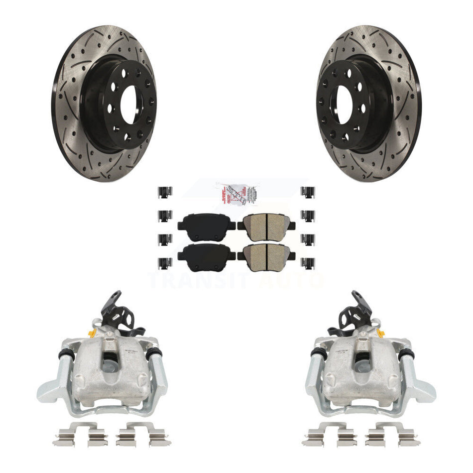 Rear Disc Brake Coated Caliper Drilled Slotted Rotor And Semi-Metallic Pad Kit For 2010 Volkswagen Jetta TDI Cup Edition with 2.0L DIESEL engine With 272mm Diameter KCD-101280N by Transit Auto