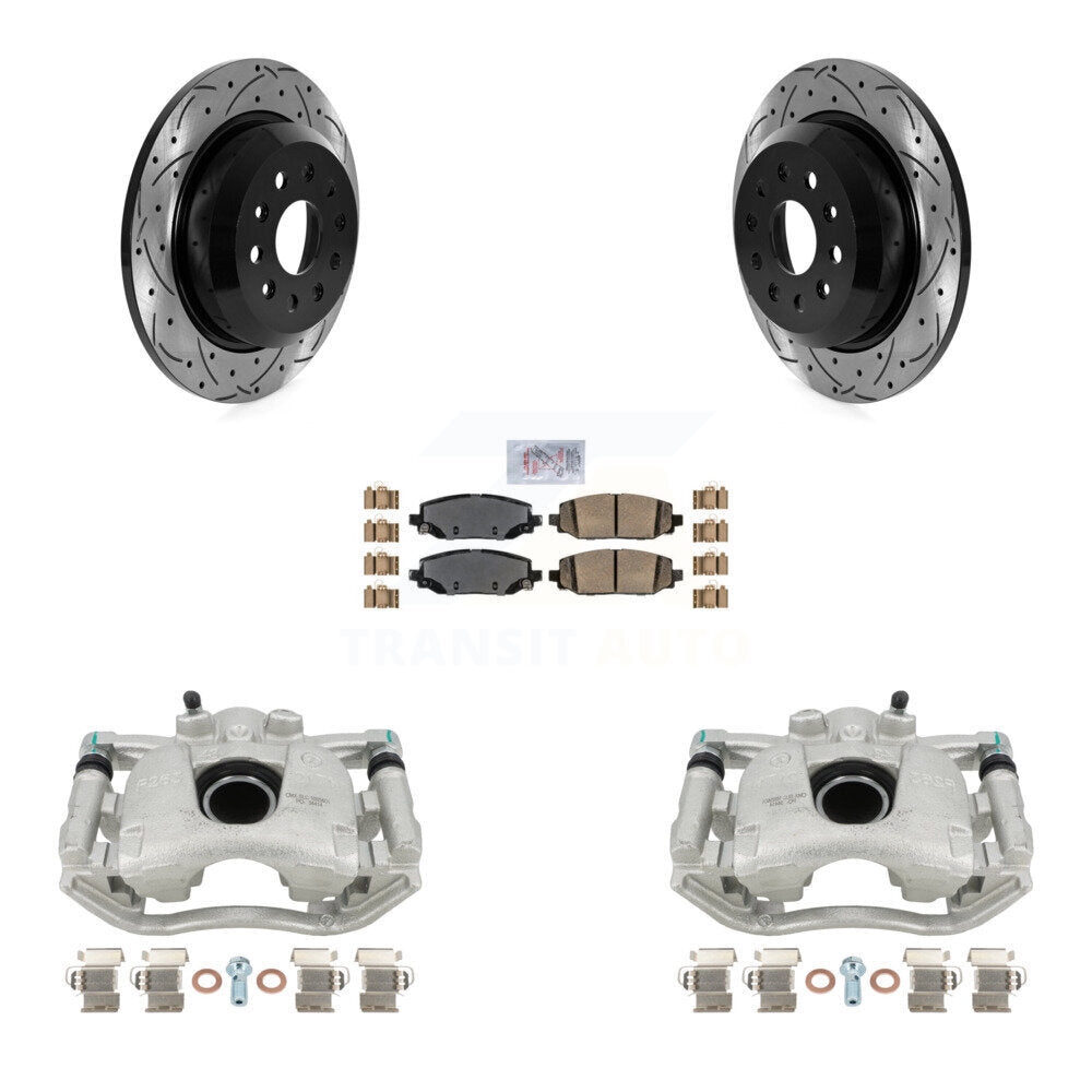 Rear Disc Brake Coated Caliper Drilled Slotted Rotors And Ceramic Pads Kit For 2018-2021 Jeep Wrangler Rubicon With Heavy Duty Brakes Code BR2 & BR6 KCD-101306N by Transit Auto