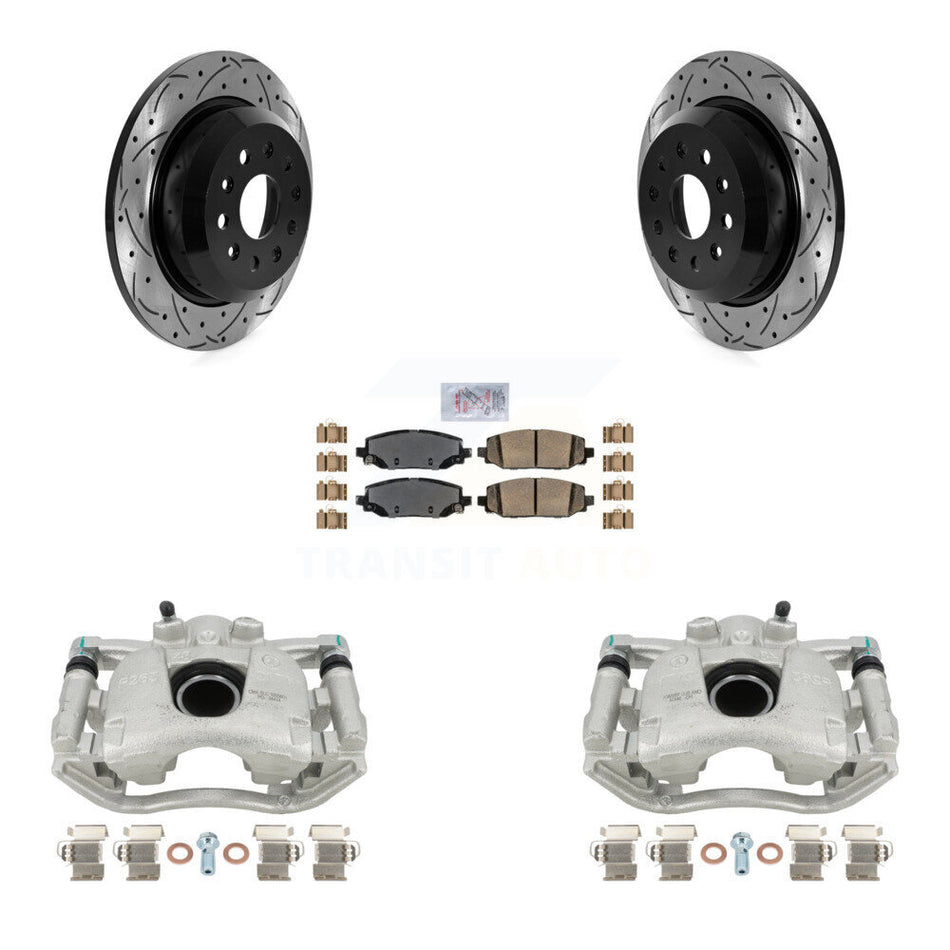 Rear Disc Brake Coated Caliper Drilled Slotted Rotors And Ceramic Pads Kit For 2018-2021 Jeep Wrangler Rubicon With Heavy Duty Brakes Code BR2 & BR6 KCD-101306N by Transit Auto