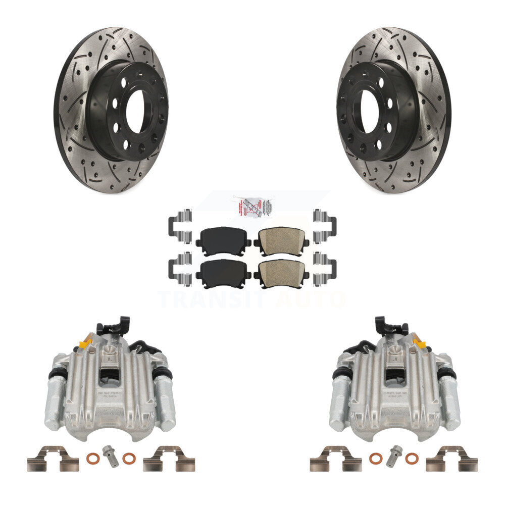 Rear Disc Brake Coated Caliper Drilled Slotted Rotors And Ceramic Pads Kit For Volkswagen Jetta With 260mm Diameter Rotor 7th 8th Digit Of VIN Is "1K" KCD-101399N by Transit Auto