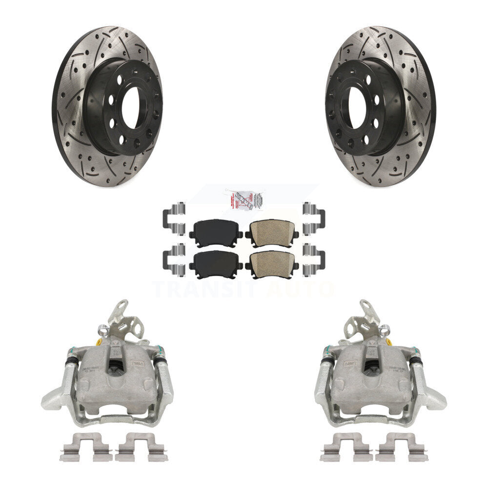 Rear Disc Brake Coated Caliper Drilled Slotted Rotors And Ceramic Pads Kit For Volkswagen Jetta Rabbit KCD-101401N by Transit Auto