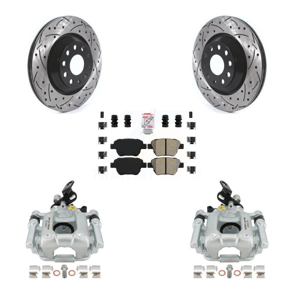 Rear Disc Brake Coated Caliper Drilled Slotted Rotors And Semi-Metallic Pads Kit For 2013 Volkswagen GTI With 310mm Diameter Rotor KCD-101610N by Transit Auto