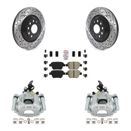 Rear Disc Brake Coated Caliper Drilled Slotted Rotors And Semi-Metallic Pads Kit For 2013 Volkswagen GTI With 310mm Diameter Rotor KCD-101610N by Transit Auto