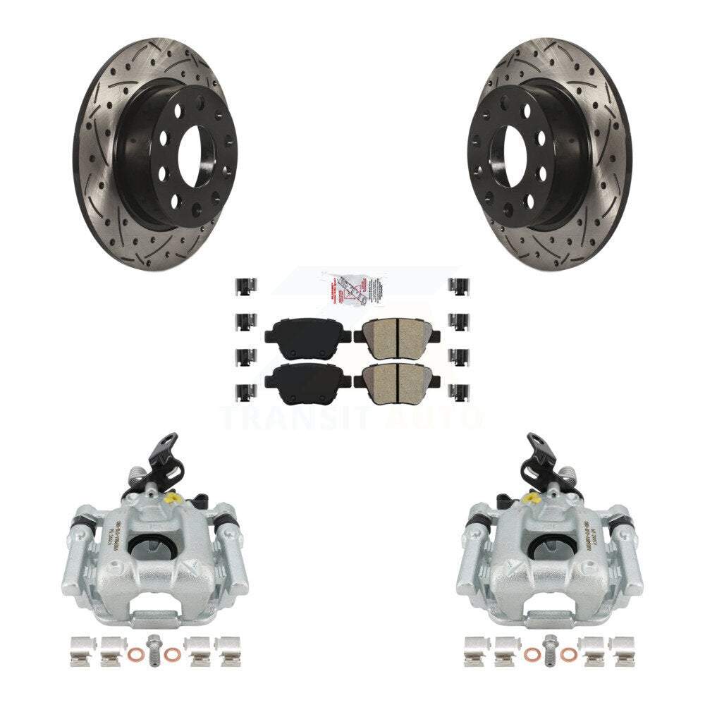 Rear Disc Brake Coated Caliper Drilled Slotted Rotors And Semi-Metallic Pads Kit For Volkswagen GTI Eos With 253mm Diameter Rotor KCD-101613N by Transit Auto