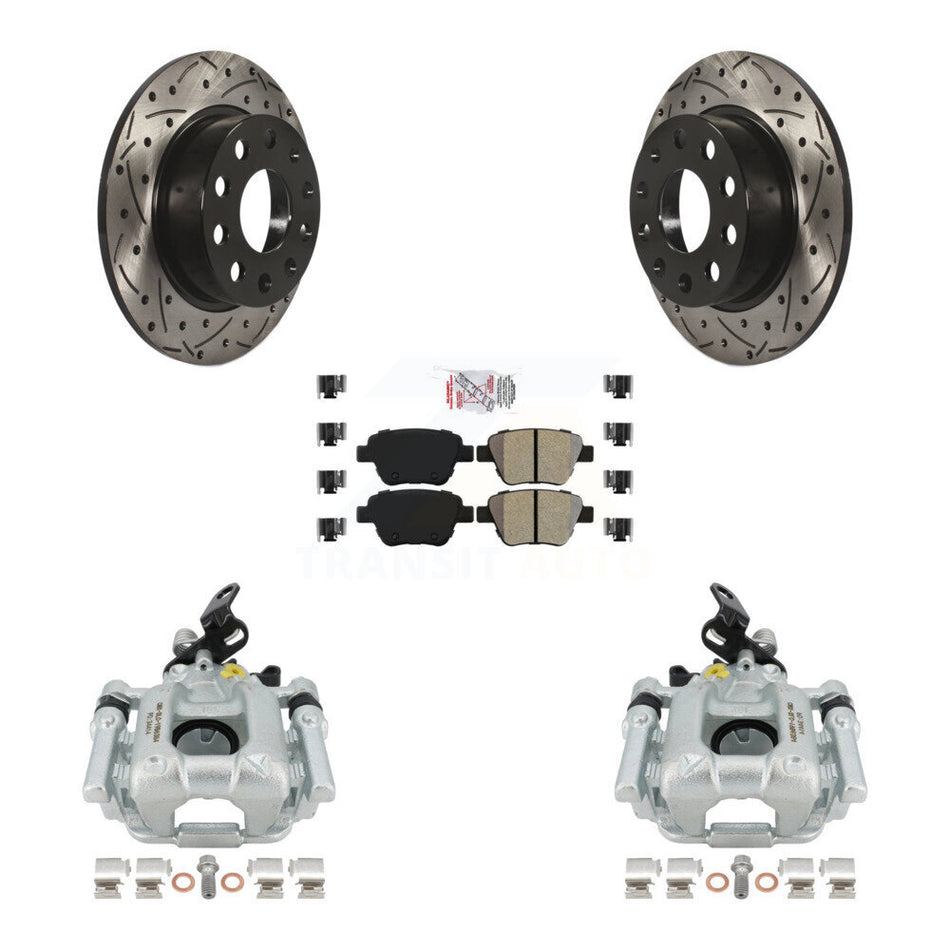 Rear Disc Brake Coated Caliper Drilled Slotted Rotors And Semi-Metallic Pads Kit For Volkswagen GTI Eos With 253mm Diameter Rotor KCD-101613N by Transit Auto