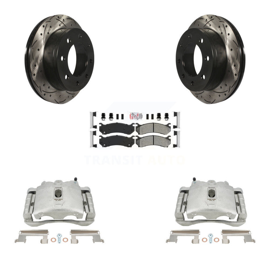 Rear Disc Brake Coated Caliper Drilled Slotted Rotors And Semi-Metallic Pads Kit For Chevrolet Silverado 2500 HD GMC Sierra Hummer H2 1500 Suburban Yukon XL Avalanche Classic KCD-101656N by Transit Auto