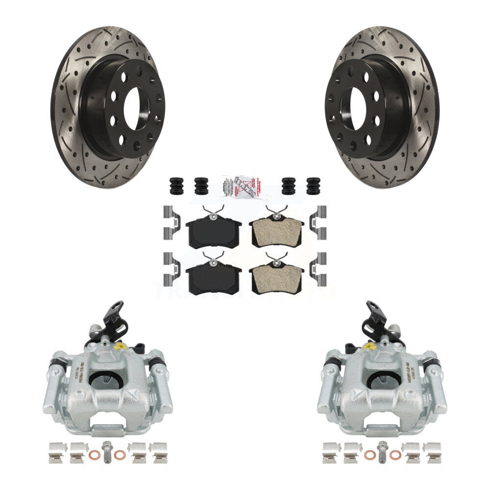 Rear Disc Brake Coated Caliper Drilled Slotted Rotors And Semi-Metallic Pads Kit For 2011 Volkswagen Jetta With 253mm Diameter Rotor KCD-101694N by Transit Auto