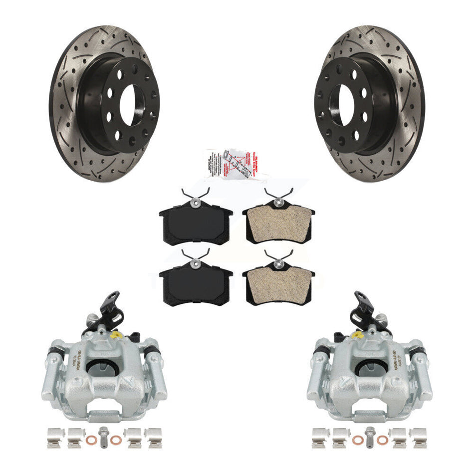 Rear Disc Brake Coated Caliper Drilled Slotted Rotors And Semi-Metallic Pads Kit For 2011 Volkswagen Jetta With 253mm Diameter Rotor KCD-101695N by Transit Auto