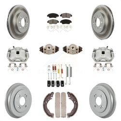 Front Rear Disc Brake Caliper Coated Rotors Drums Semi-Metallic Pads Shoes Wheel Cylinders And Hardware Kit (11Pc) For Honda Fit KCG-100332S