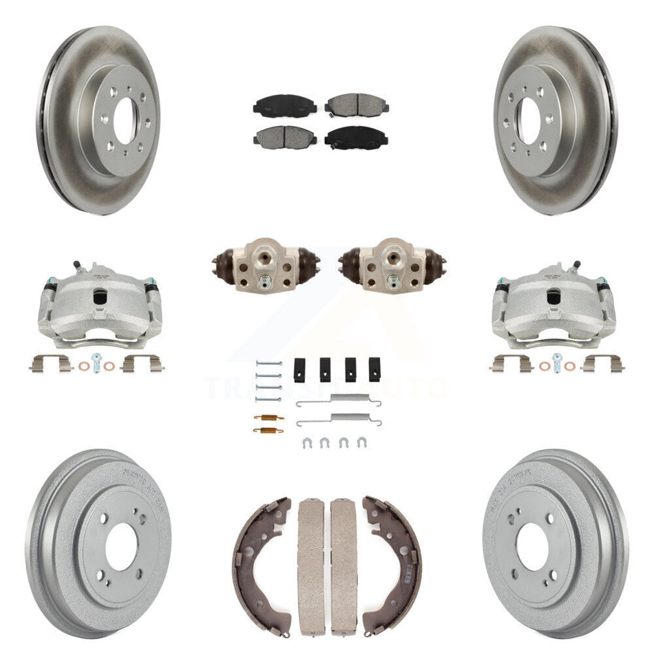 Front Rear Disc Brake Caliper Coated Rotors Drums Semi-Metallic Pads Shoes Wheel Cylinders And Hardware Kit (11Pc) For Honda Insight KCG-100339S