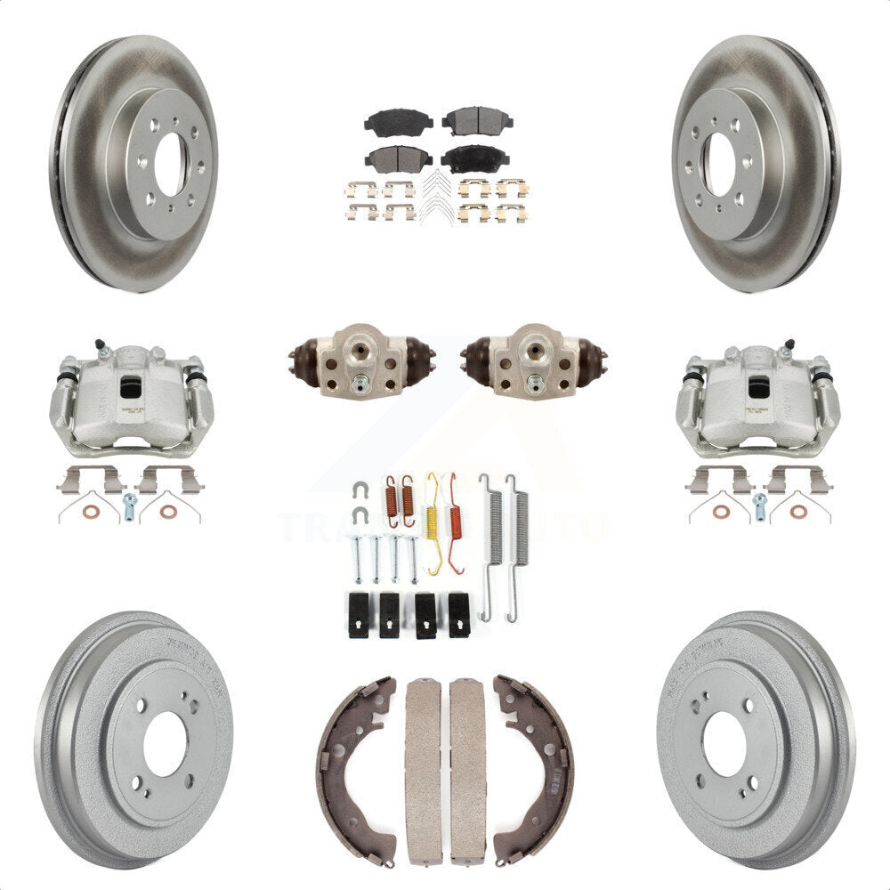 Front Rear Disc Brake Caliper Coated Rotors Drums Ceramic Pads Shoes Wheel Cylinders And Hardware Kit (11Pc) For Honda Fit KCG-100343T by Transit Auto