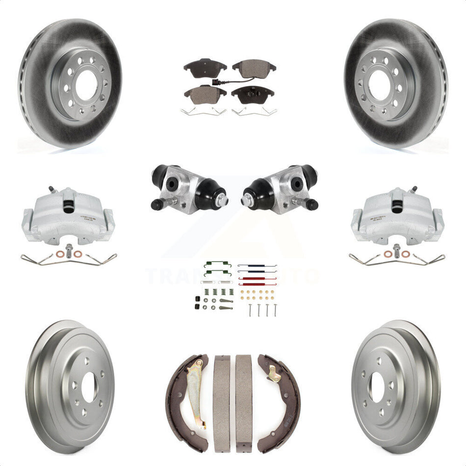 Front Rear Brake Caliper Coated Rotor Drum Semi-Metallic Pad Shoes Cylinder Hardware Kit (11Pc) For Volkswagen Jetta 2.5L with rear brakes With 288mm Diameter KCG-100344P by Transit Auto