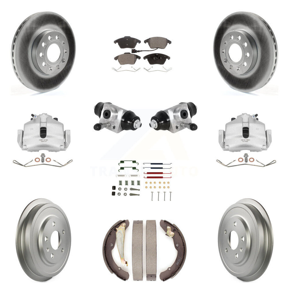 Front Rear Brake Caliper Coated Rotor Drum Semi-Metallic Pad Shoes Cylinder Hardware Kit (11Pc) For Volkswagen Jetta 2.5L with rear brakes With 288mm Diameter KCG-100344P