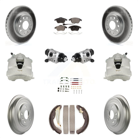 Front Rear Disc Brake Caliper Coated Rotors Drums Semi-Metallic Pads Shoes Wheel Cylinders And Hardware Kit (11Pc) For Volkswagen Jetta With 288mm Diameter Rotor KCG-100345P by Transit Auto